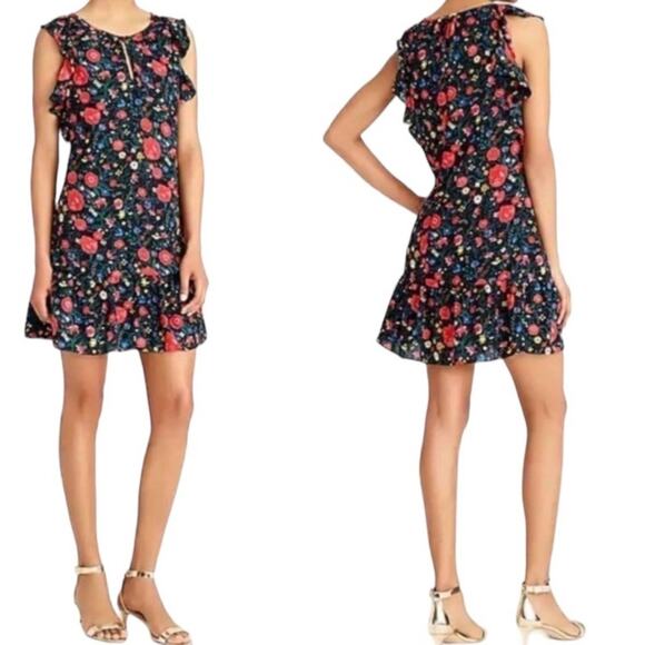 NWOT J.Crew Black Red Printed Floral Flutter Dress With Ruffle Sleeves Size XS - Picture 2 of 6